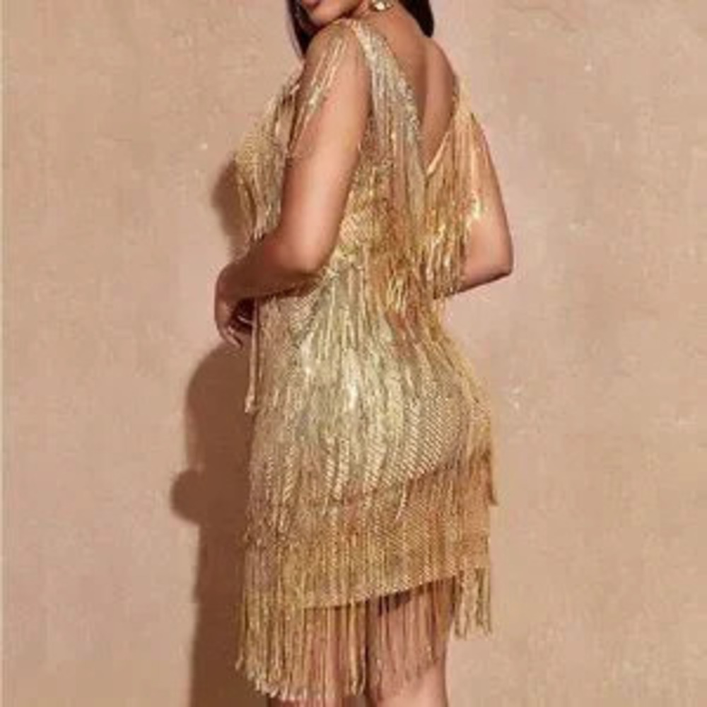 Women's Gold Sequin Cocktail Flapper Gatsby-Style Mini Prom Dress - Picture 6 of 7